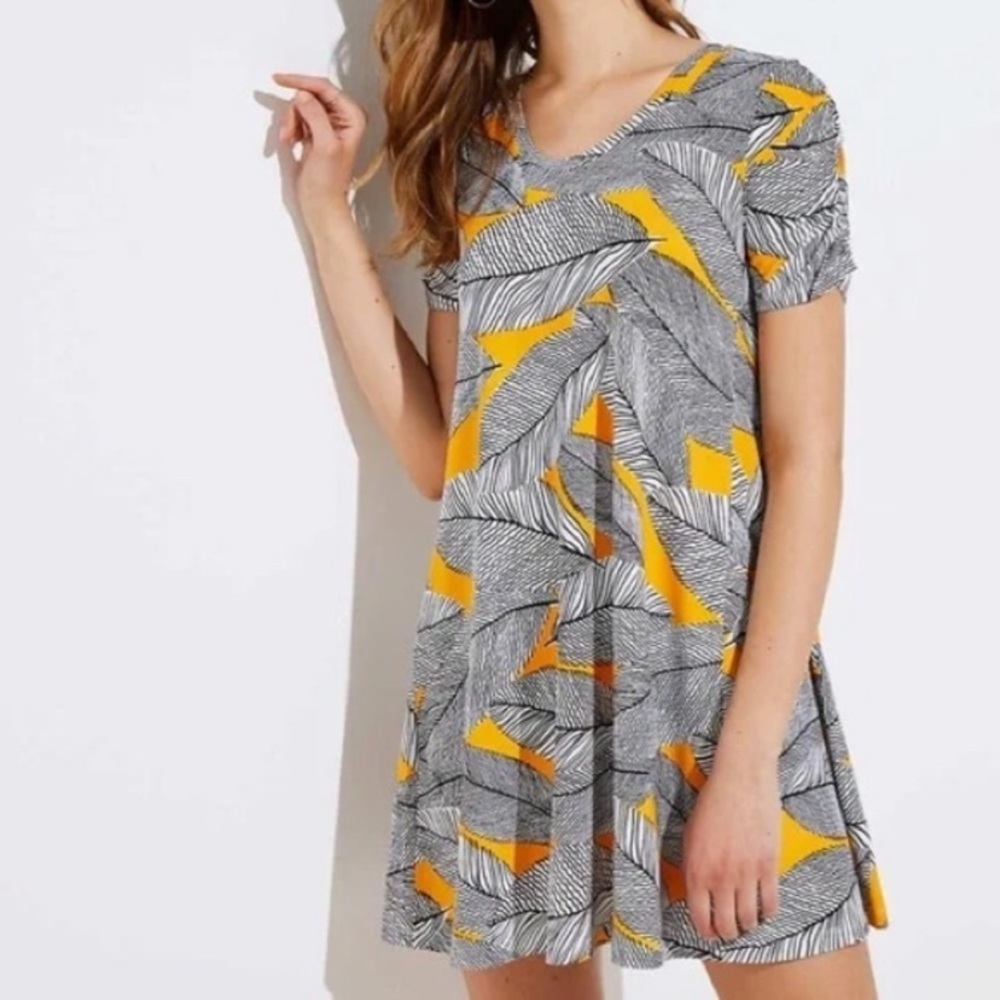 LOFT Yellow and Black Printed Swing Dress, S